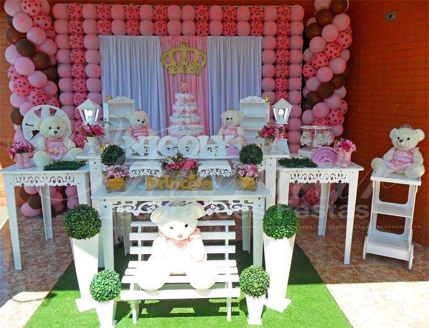 Decoração Chá de Bebê Ursa Princesa Rosa Poá e Marrom