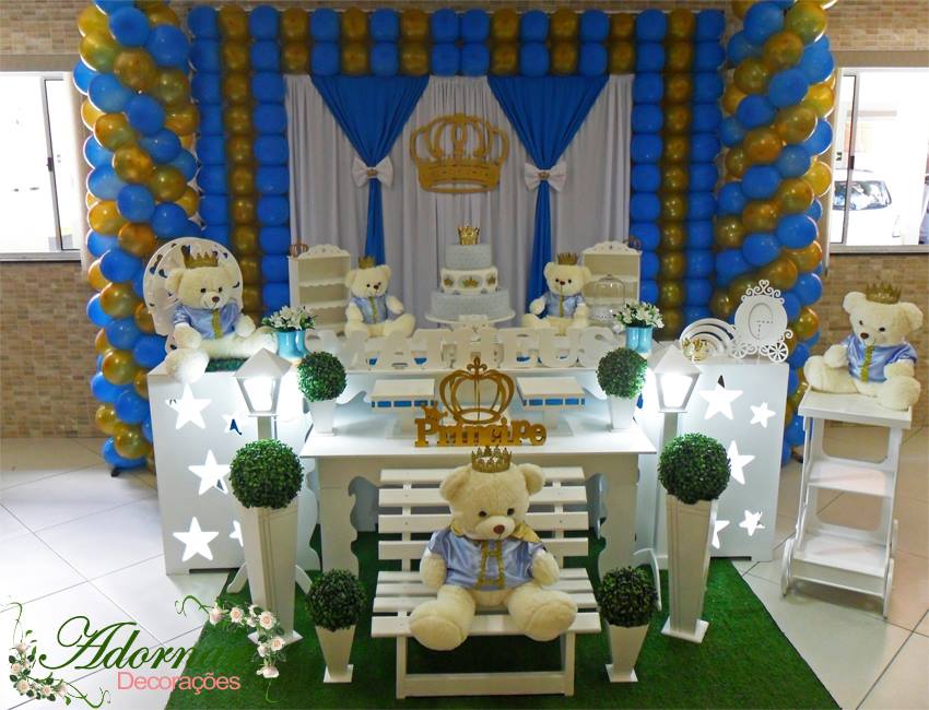 Decoração Chá de Bebê Urso Príncipe Azul e Dourado