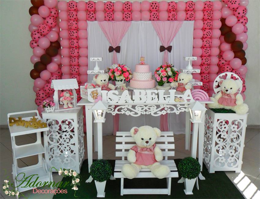 Decoração Chá de Bebê Ursa Rosa Poá e Marrom