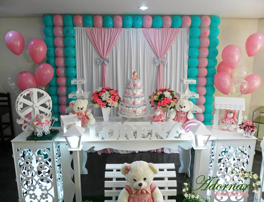 Decoração Chá de Bebê Ursa Verde Tiffany e Rosa