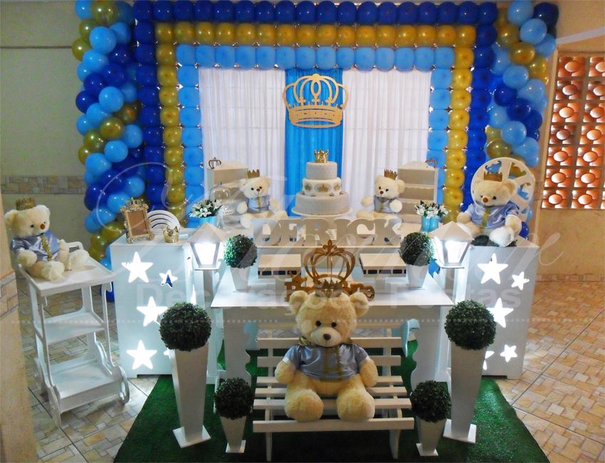 Decoração Chá de Bebê Urso Príncipe Azul e Dourado
