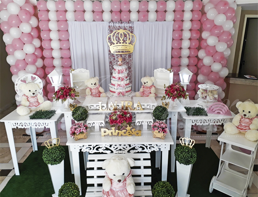 Decoração Chá de Bebê Ursa Princesa Rosa e Branco