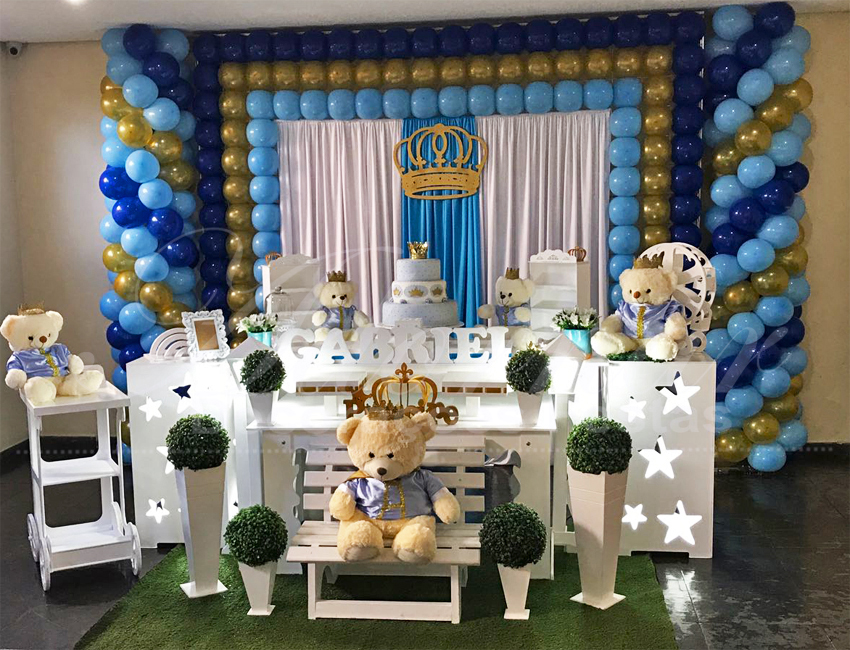 Decoração Chá de Bebê Urso Príncipe Azul e Dourado