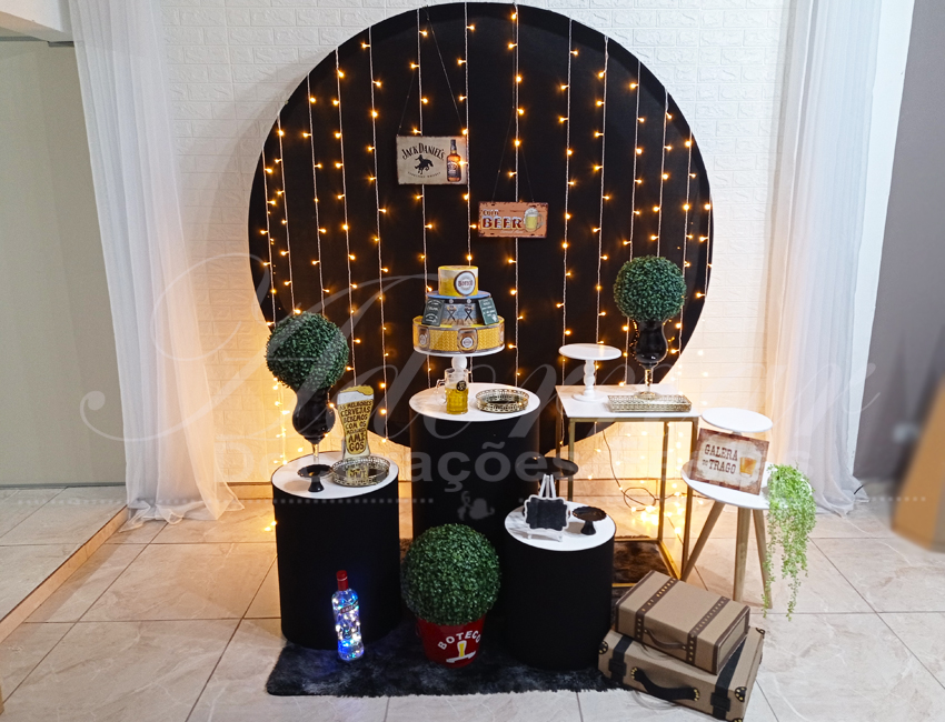 Decoração Chá Bar Mesas Cilindros Com Painel Redondo